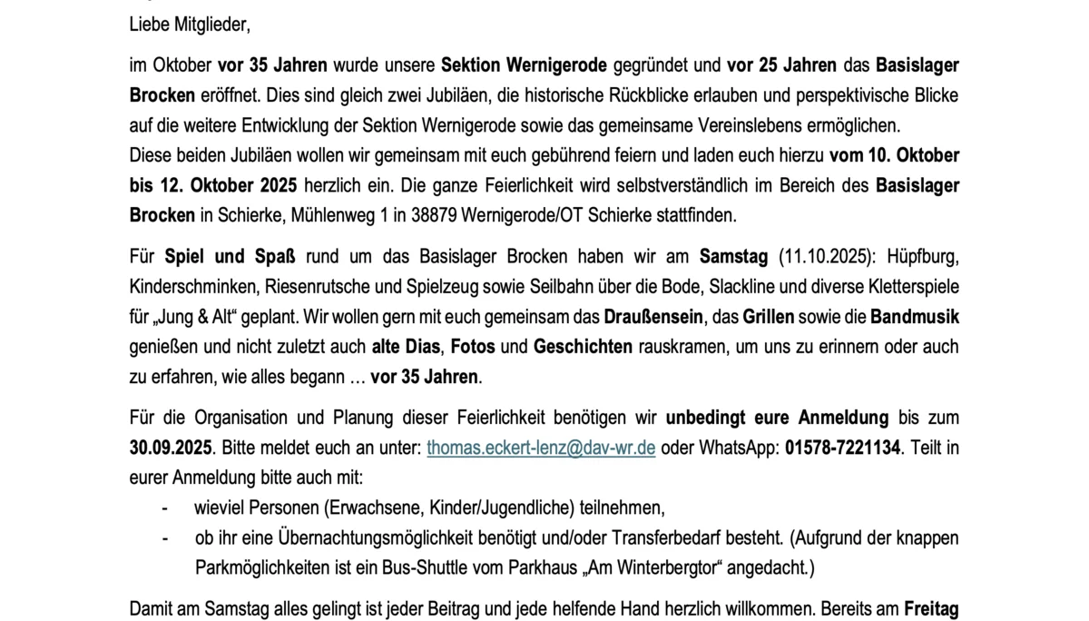 Einladung zum Vereins- und Hütten-Jubiläum der Sektion Wernigerode e.V. des Deutschen Alpenvereins e.V. | © DAV Wernigerode