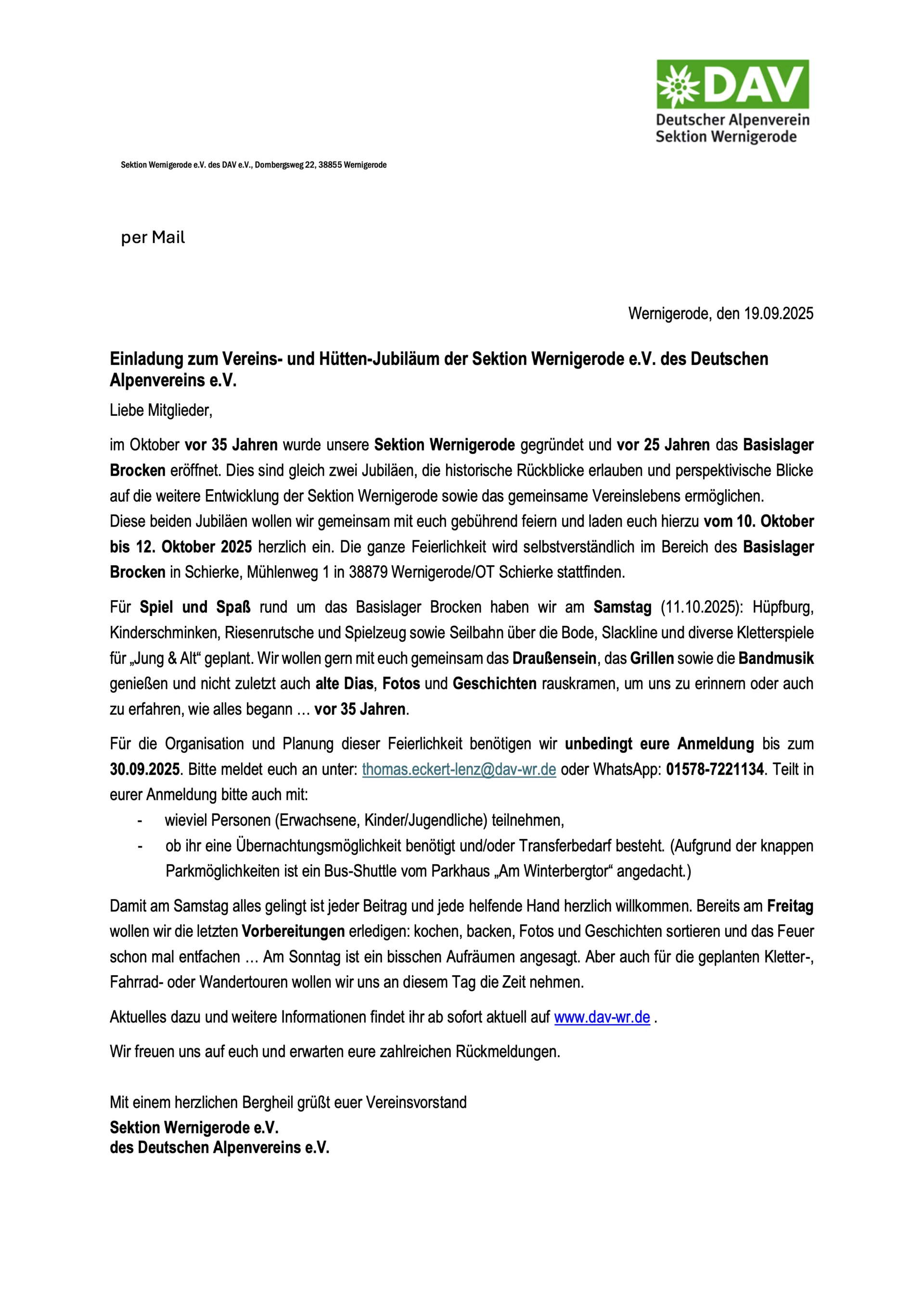 Einladung zum Vereins- und Hütten-Jubiläum der Sektion Wernigerode e.V. des Deutschen Alpenvereins e.V. | © DAV Wernigerode